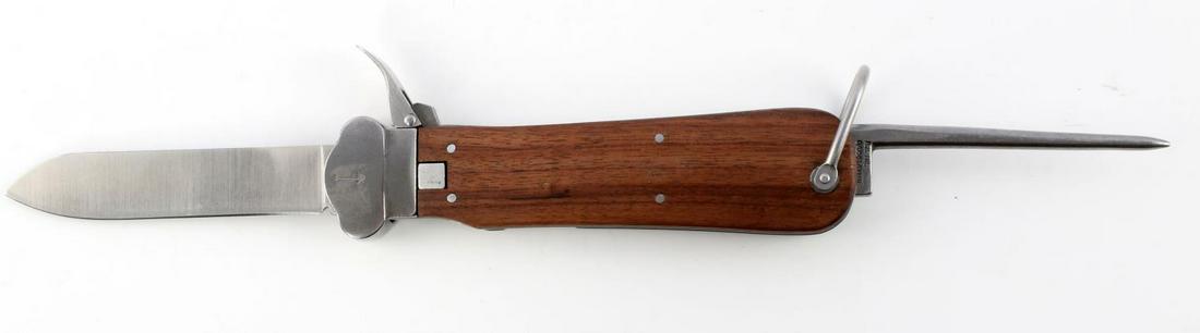 WWII GERMAN LUFTWAFFE PARATROOPER GRAVITY KNIFE: WWII German Third Reich Luftwaffe Paratrooper Gravity Knife, measures approx. 10 inches in total length with a 4 inch blade. Base of spike is marked "R.B. NR. 0/0561/0019." No markings on blade. Gravi
