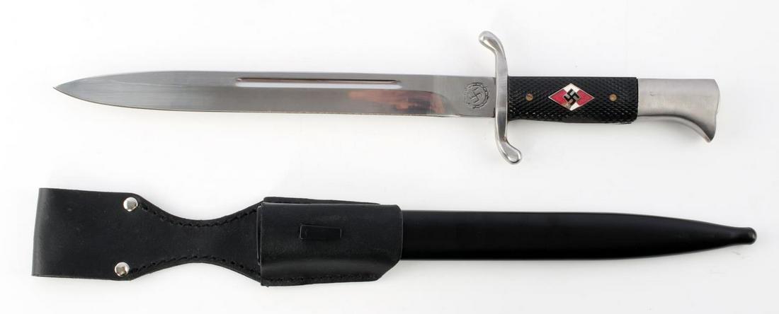 WWII GERMAN THIRD REICH HITLER YOUTH WATCH BAYONET: WWII German Third Reich Hitler Youth Watch Bayonet, measures approx. 14.75 inches in total length with a 9.75 inch blade. Blade is marked with NSDAP insignia near ricasso. Grip and crossguard are tigh