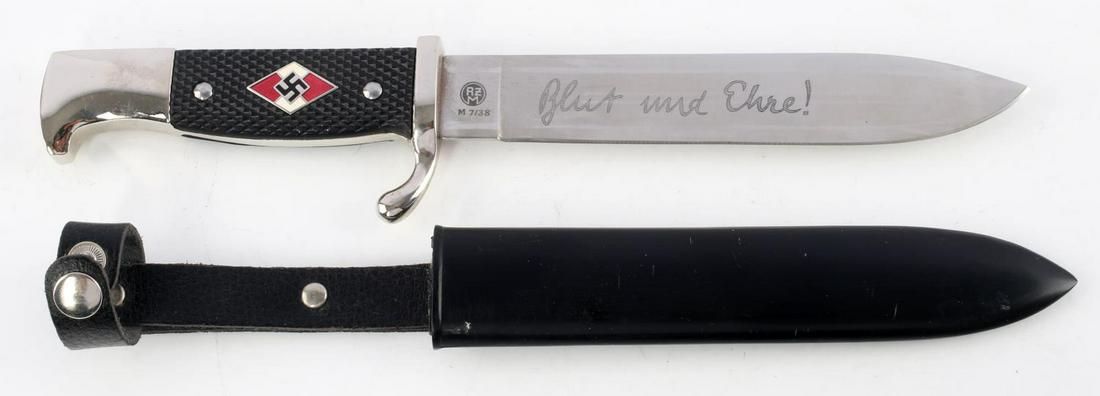 WWII GERMAN YOUTH HITLER JUGEND DAGGER: 6.25 inch blade with Blut und Ehre! marked, RZM M 7/38 marked to ricasso, HJ diamond inlay to synthetic grip, steel fittings, and metal scabbard. Very good condition. Unauthenticated, sold as is.