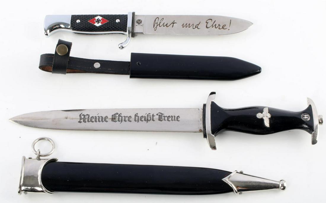 WWII GERMAN HITLER YOUTH KNIFE & M1933 SS DAGGER: The HJ knife is a top quality reinactor knife, the SS reinactor, is not as exacting but both are very good representations.