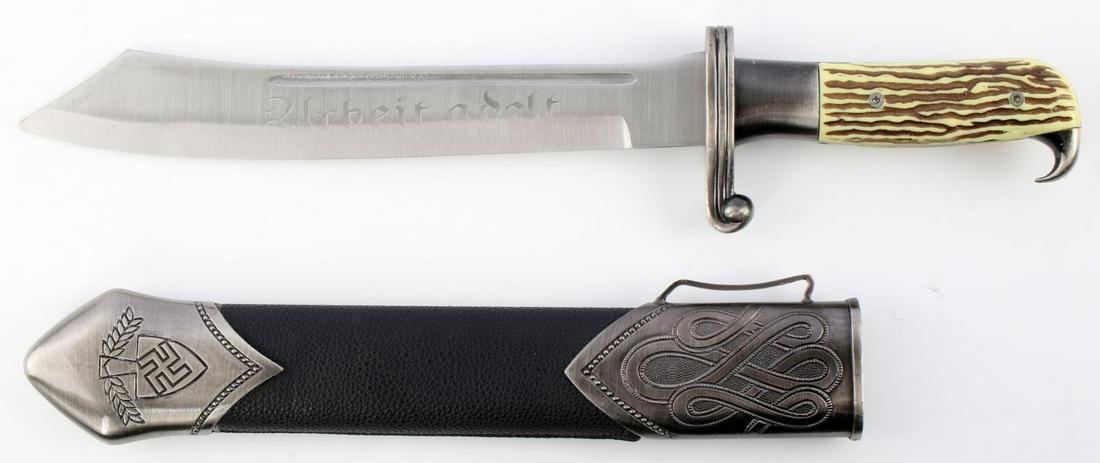 WWII GERMAN THIRD REICH RAD STAG GRIP DAGGER KNIFE: WWII German Third Reich RAD (Reich Labor Service) Stag Grip Dagger, measures approx. 15.5 inches in total length with a 10 inch blade. Blade reads "Arbeit adelt" under blood groove. Crossguard and sta