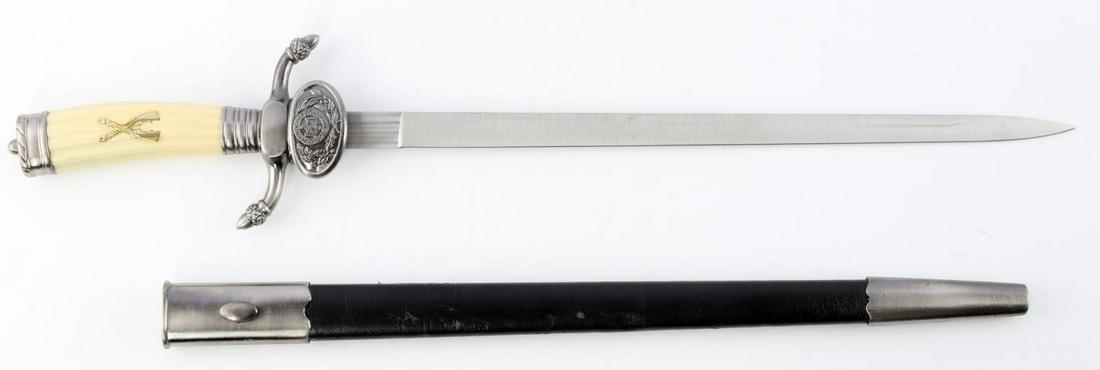 WWII GERMAN THIRD REICH RIFLE ASSOC. DRESS DAGGER: WWII German Third Reich Rifle Association Dress Dagger, measures approx. 20.25 inches in total length with a 15 inch blade. No markings on blade. Fixed clamshell guard displays NSDAP insignia. White e