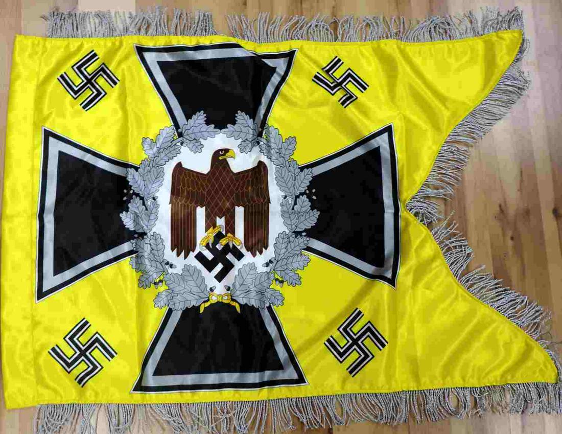 WWII GERMAN REICH YELLOW SWALLOW TAIL CAVALRY FLAG: WWII German Reich yellow "swallow tail" cavalry standarte flag measuring approximately 23 inches tall and 34 3/4 inches wide, not including fringe. Good overall condition. Does not fluoresce. Unauthen
