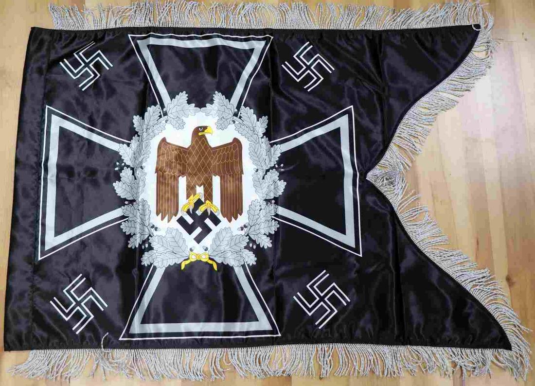 WWII GERMAN MOTOR ENGINEER REGIMENT SWALLOW FLAG: WWII German Reich motor engineer regimental black "swallow tail" flag measuring 24 inches tall X 35 inches wide not including the fringes. In good condition, does not fluoresce. Unauthenticated, sold