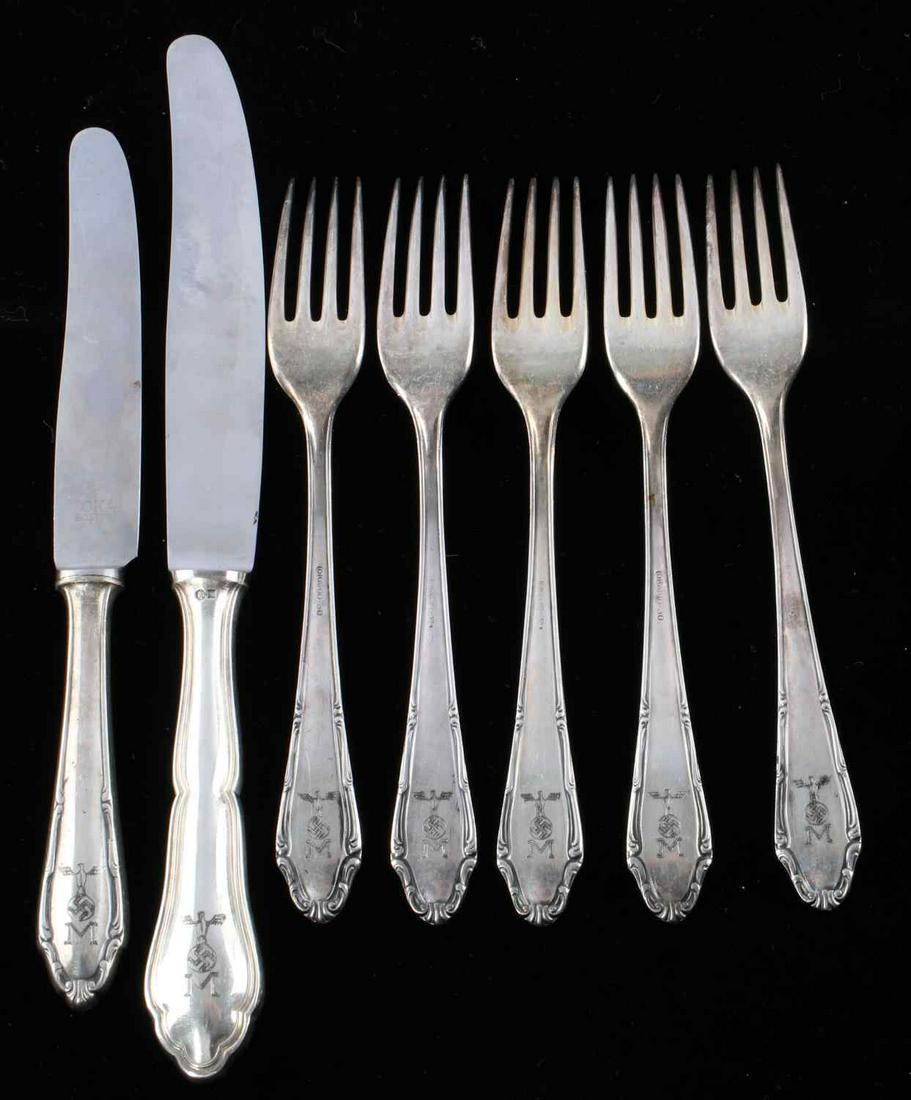 WWII GERMAN THIRD REICH KRIEGSMARINE SILVERWARE: Third Reich Wellner marked. Silver plated. Monogrammed with an "M" and Kriegsmarine flotilla. Measure 7 - 10 inches. Very good condition. Unauthenticated, sold as is.