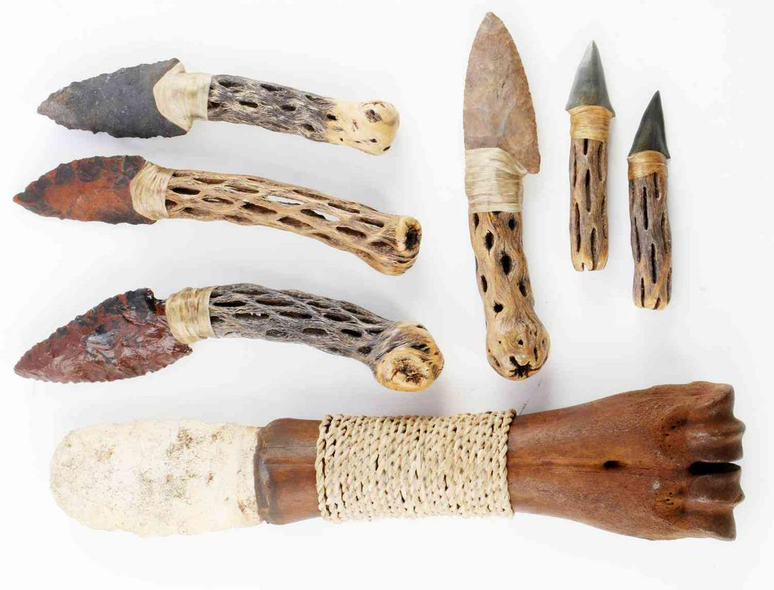 NATIVE AMERICAN EXPERIMENTAL ARCHAEOLOGY LOT OF 7: Lot features Native American primitive historically accurate style knives. Handles are made of wood or bone. Blades are sharks teeth or flint. Some points appear to be genuine Native pieces with very 