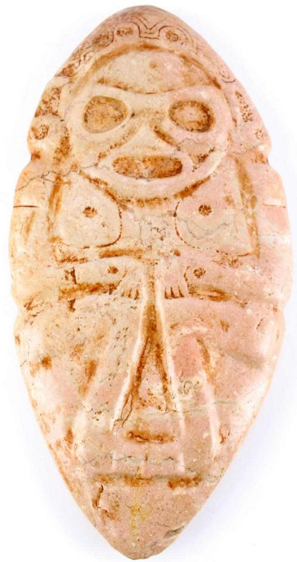 PRE COLUMBIAN TAINO FULL FIGURE LARGE AXE: Taino large full figure axe form. Subject is sitting in transcendental state, with hands on knees, looking forward with large “dilated” eyes. Eyes dilate under the influence of the visionary drug 