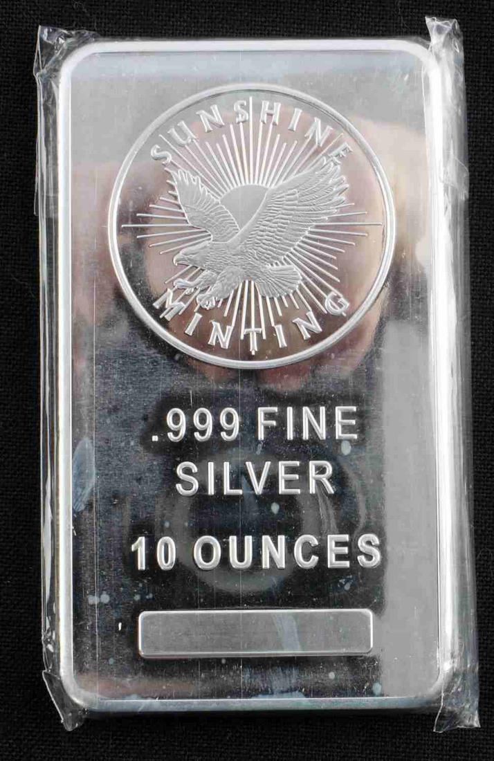 10 OZ TROY OUNCE BULLION BAR BY SUNSHINE MINTING: .999 Fine silver 10ozt bullion bar minted by Sunshine Minting.