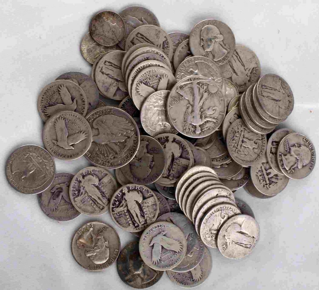 $20 FACE US SILVER COIN QUARTER HALF & DIME LOT: 20 Dollar face value of all pre 1964, 90% silver US coinage.