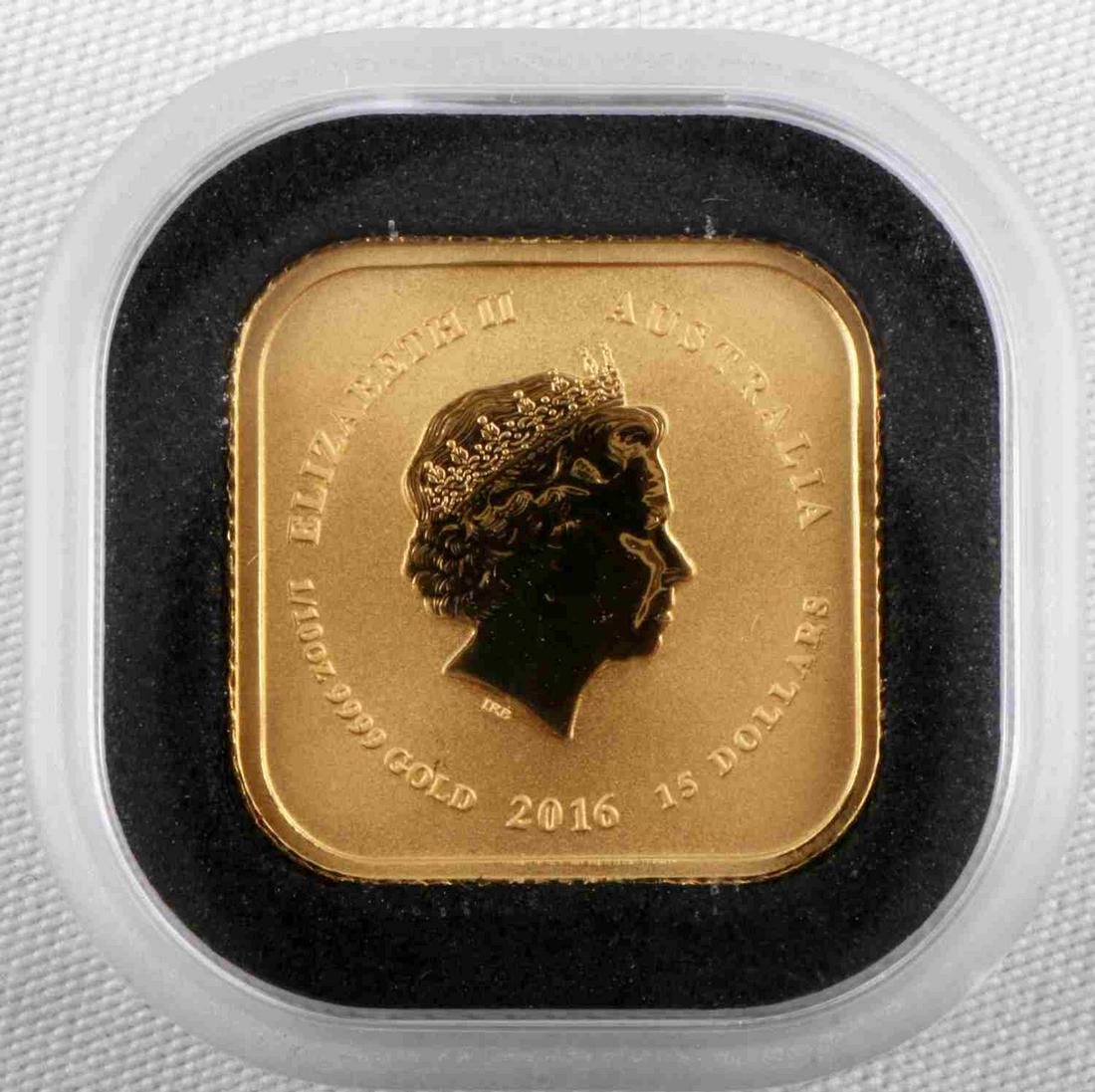 2016 AUSTRALIA 1/10 OZ GOLD $15 SQUARE MAP BU: Contains 1/10 of .9999 fine Gold from Perth MintIndividual round presented in original plastic capsule. Mintage of less than 60,000 coins. Obverse: Portrays Ian Rank-Broadley likeness of Queen Elizabe
