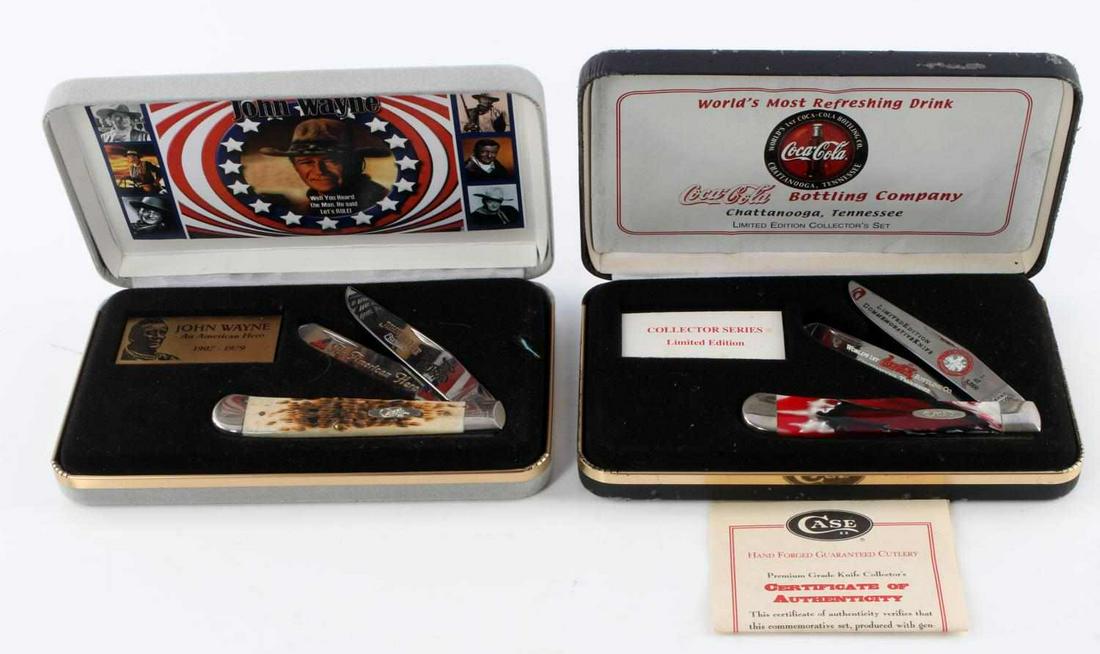 CASE 3254 COCA COLA & 6254 JOHN WAYNE LE KNIFE LOT: New in box the Coke knife is numbered 1648 the John Wayne 120, nice set.