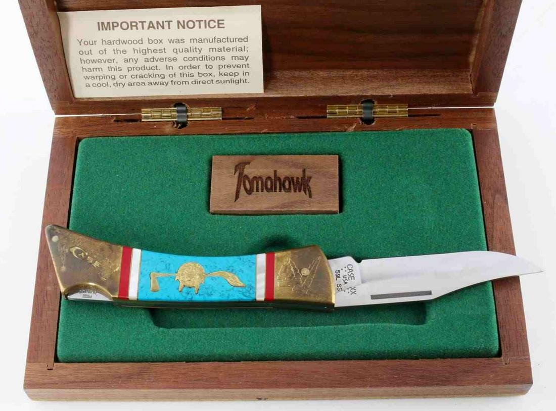 CASE 591 7 DOT TOMAHAWK CUSTOM PRESENTATION KNIFE: Still in plastic, original wood box.