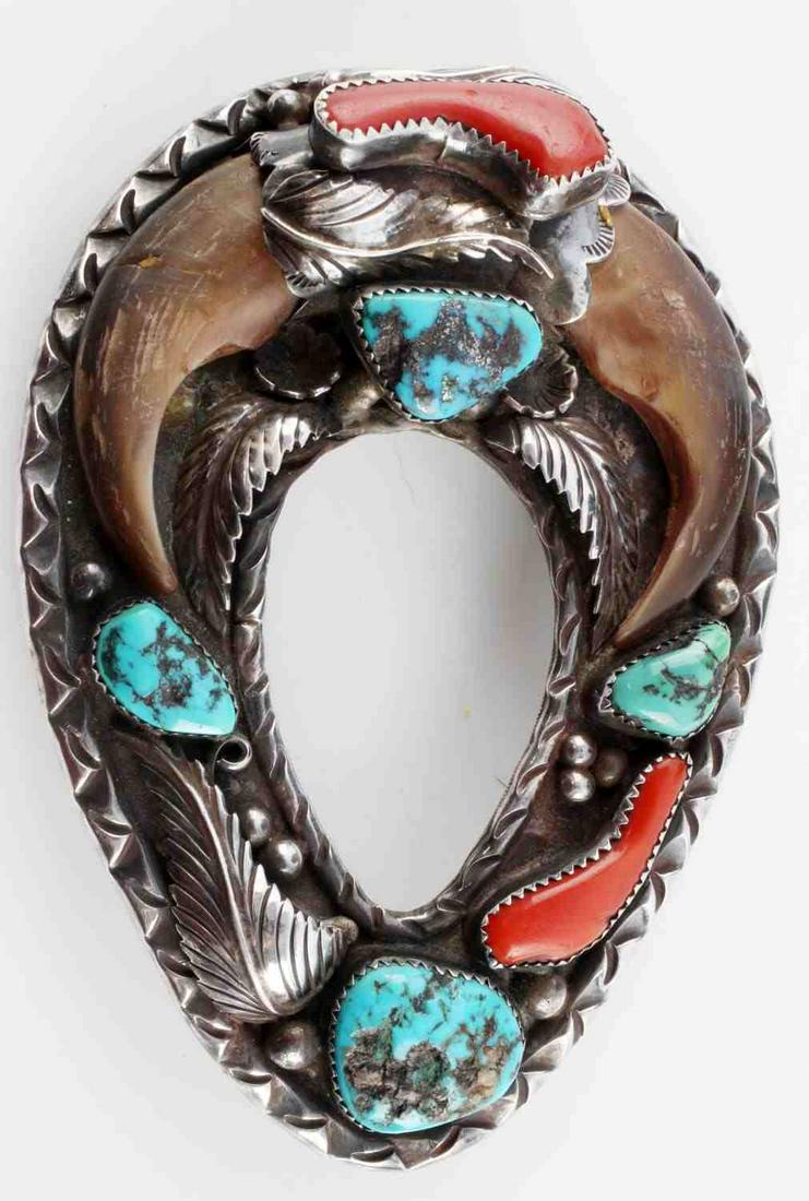 TURQUOISE CORAL BROWN BEAR CLAW KAYSU BELT BUCKLE: Signed "Kaysu" on reverse of buckle. All stones and claws are set in sterling silver. Buckle acid tests for sterling and is in like new condition. Measures 4 inches long by 3 inches tall. Total weight