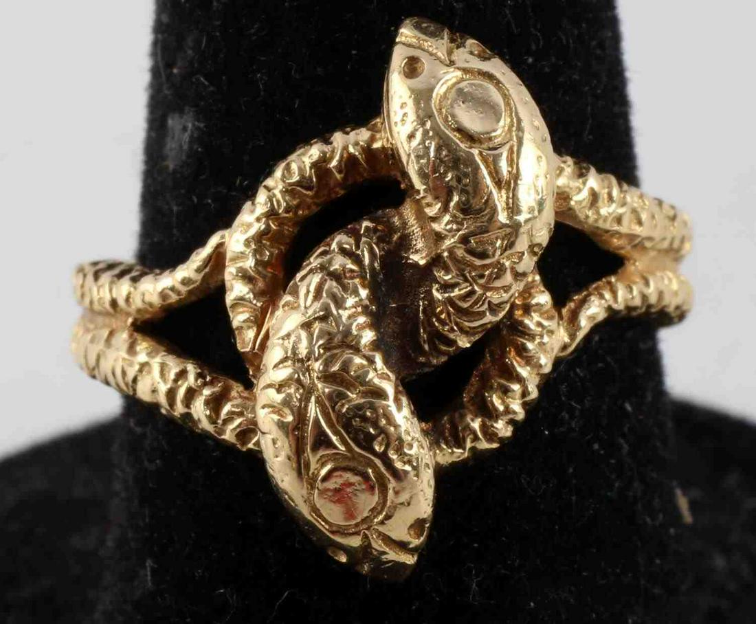 18K YELLOW GOLD ART DECO DOUBLE SNAKE RING SZ 5.25: Size 5.25 and stamped "18K" inside shank. Ring is in very good condition. Weighs 4.9 grams. This lot has a reserve.