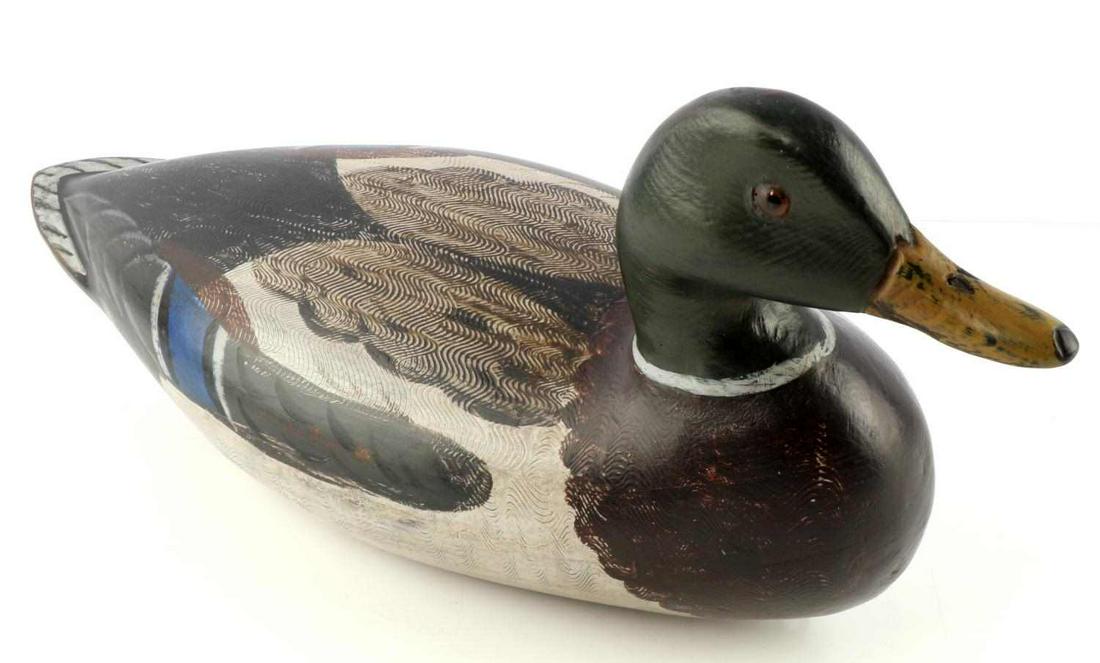 AFTER CHARLES PERDEW DUCK DECOY BY MOORE: Vintage 1970'S Charlie Monroe tribute decoy of Charles Perdew Mallard drake decoy, hand painted, in very good condition. Keel weight is still in tact and signed with embossed lettering, ‘Henry … P