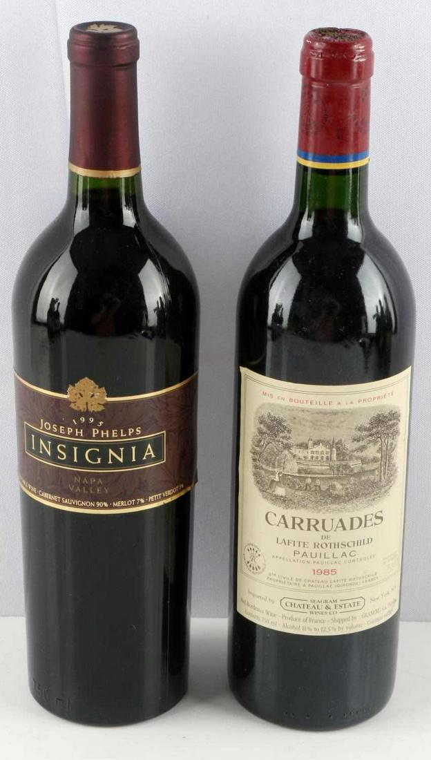 2 BOTTLE WINE LOT 1995 INSIGNIA & 1985 CARRUADES: 2-750 ml bottles of 1995 Insignia Joseph Phelps and 1985 Carruades de Lafite Rothschild Pauillac. Stored on their sides with little to no light, high fills top shoulder, sealed corkage, and very good 