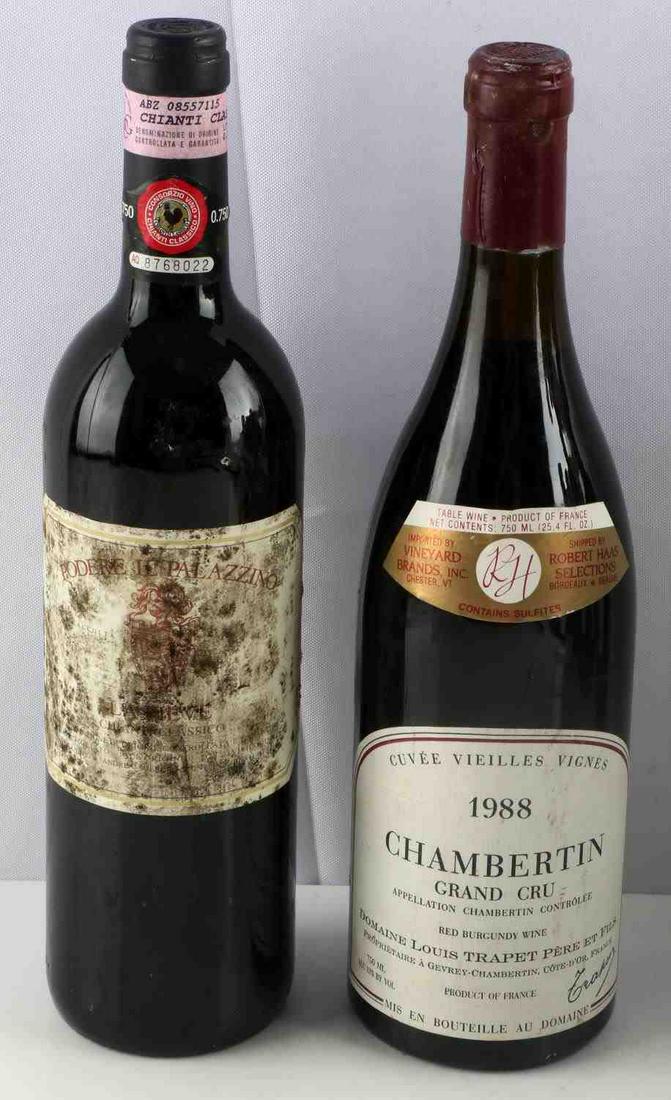 2 BOTTLE WINE LOT CHAMBERTIN & CHIANTO CLASSICO: 1988 Chambertin Grand Cru. Top shoulder ullage. Sealed cork and good label. Also a Chianto Classico. Into neck ullage, sealed cork, good label with heavy foxing. 750ml bottles.