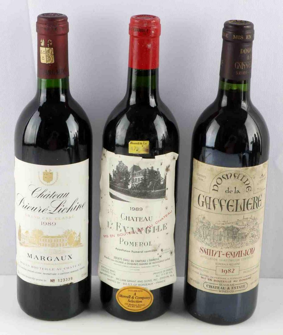 3 BOTTLE WINE LOT CHATEAU EVAN GILE MARGAUX: Lot features 1989 Chateau Prieure Lichine Grand Cru Classe Margaux, 1989 Chateau L'Evan Gile Pomerol, and a 1982 Domaine de la Gaffeliere Saint Emilion. Good labels with minor foxing. Into neck ullage