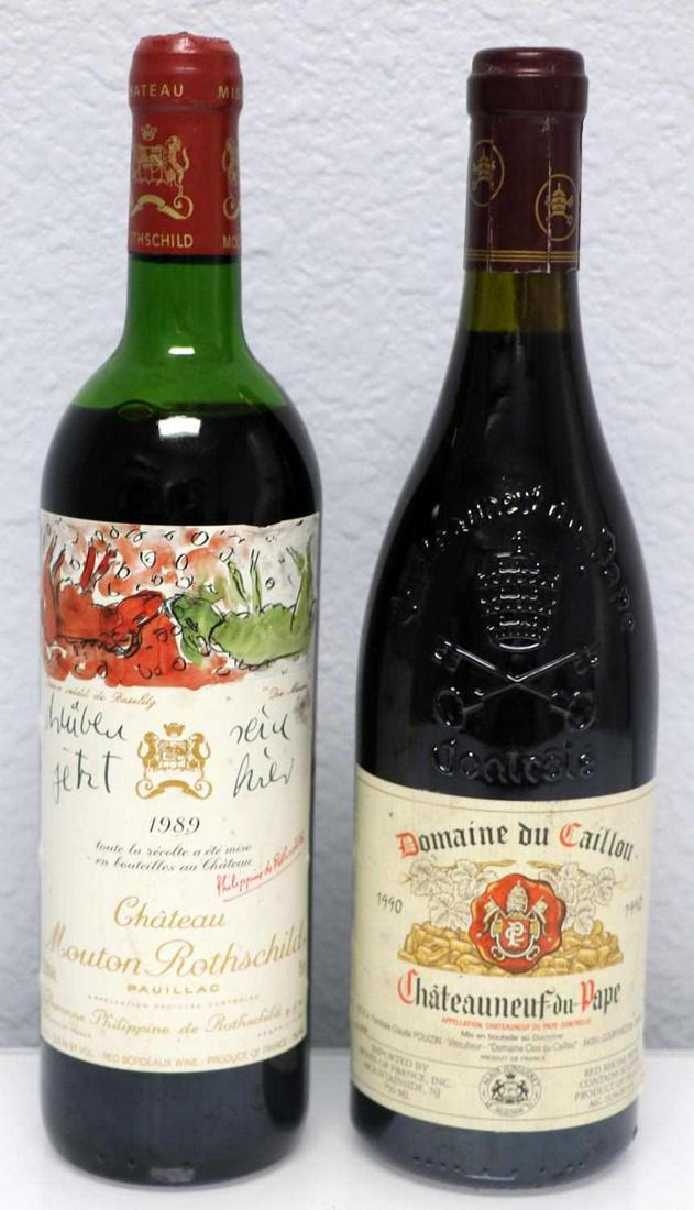 1989 CHATEAU ROTHSCHILD & 1990 DOMAINE DU CAILLOU: 1989 Chateau Mouton Rothschild Pauillac with mid shoulder ullage, does not leak, and very good label. Also a 1990 Domaine du Caillou with ullage into neck, very good seal, and very good label. Stored 