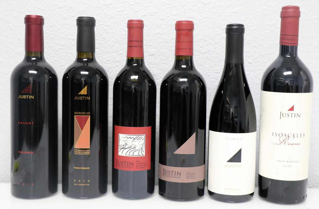 VARIETY CASE OF JUSTIN WINE ISOSCELES SAVANT SYRAH: Lot features A 2012 Isosceles, 2006 Isosceles Reserve, 2010 Reserve Malbec, 2013 Savant, 2008 Cabernet Sauvignon, and 2013 Syrah. Labels are very good with high ullage. Very good seals. All stored pro