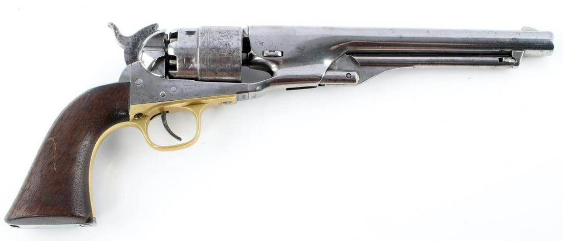 CIVIL WAR 1860 COLT 44 CALIBER PERCUSSION REVOLVER: Civil War era 1860 Army Colt percussion single action revolver. Slightly dim bore with very clear rifling. 8 inch barrel marked to top "Address Col.Sam L Colt New-York U.S. America". Matching numbers 
