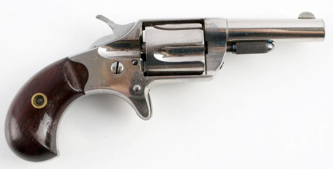 COLT NEW LINE .30 CALIBER NICKEL POCKET REVOLVER: Colt New Line 5 shot revolver. Two-line maker mark at top of 2.25 inch barrel, bright clean bore, COLT NEW 30 lightly marked to left side of barrel, wood grips, serial number marked to underside barre