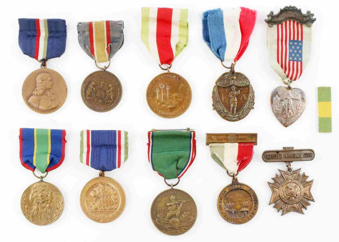 10 VARIOUS 1916 MEXICAN BORDER WAR MEDALS 1 NAMED: Includes 1 named to John J. O'reily, a US Flag sweetheart badge, Tennessee, Missouri, Pennsylvania, Wisconsin, Brooklyn, New York state, New Jersey, Ohio, and National Guard. Scarce grouping