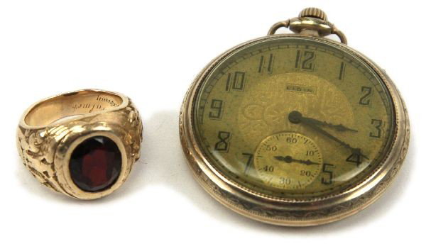 WEST POINT USMA CLASS OF 1918 NAMED RING & WATCH: A solid gold 14kt 22,8 grams in weight West Point class of 1918 ring inscribed and named inside to "Council Bryan Palmer United States Army", in addition his gold filled Elgin pocket watch, non workin