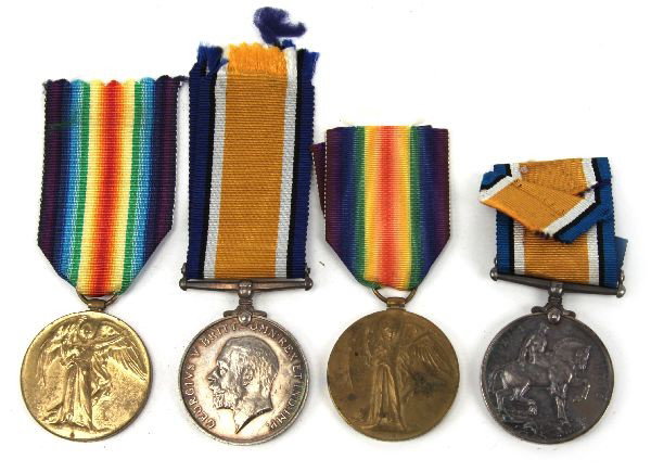 WW1 BRITAIN NAMED WAR & VICTORY MEDAL LOT OF 4: A grouping of WW1 British medals consisting of a war medal and allied victory medal these 2 being named to Pte. A.W. Willis R.A.F, a War Medal named to DVR A. Baker Royal Artillery, and a Allied Victo