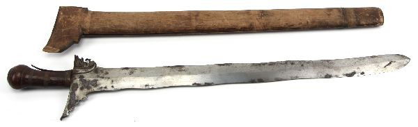 MALAYSIAN ANTIQUE KRIS BLADE SWORD: A very old Malaysian Kris sword, 23.5 inch blade 30 inches overall, a non Pamor blade , Rickan ricasso, with scabbard but minus bands and separating, overall good.