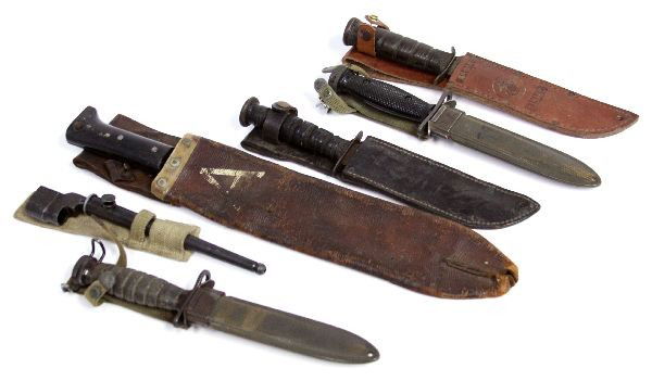 WWII BAYONET US KA BAR KNIFE & MACHETE LOT OF SIX: Grouping includes: two KA BAR fighting knifes from WWII, one is marked U.S. Utica Cut Co. on, leather sheath is marked USMC KA-BAR, both sheath and blade are in good condition. Second is a paratrooper