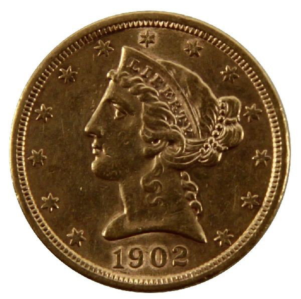 1902 S GOLD HALF EAGLE LIBERTY COIN EX STACKS 1980: A gold $5 Half Eagle Liberty 1902s XF coin with Stack's auction ticket dated March 13, 14 1980 attached.