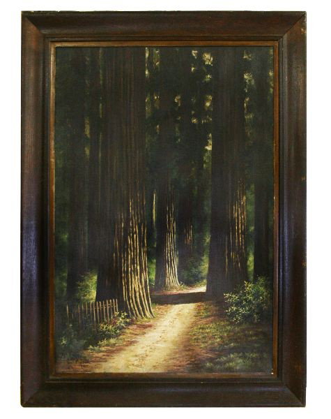 HUGE ORIGINAL CHARLES THELLER WILSON OIL PAINTING: Charles Theller Wilson (American, 1855-1920) is well known for his California redwoods. Canvas size 30 by 44 inches. Signed lower left "C.T. Wilson/1911/ Numb" Overall framed size is 38 by 53 inches i