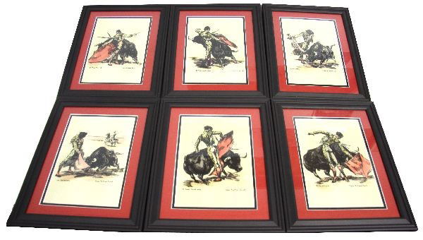 COLLECTION OF 6 PRINTS BY JOHN FULTON SHORT: 12x15 inches framed. Image size 7x10 inches. Collection of (6) 1950's prints by well known Matador and artist John Fulton Short (American, 1932-1998) depicting various bull fighting poses. Very good c