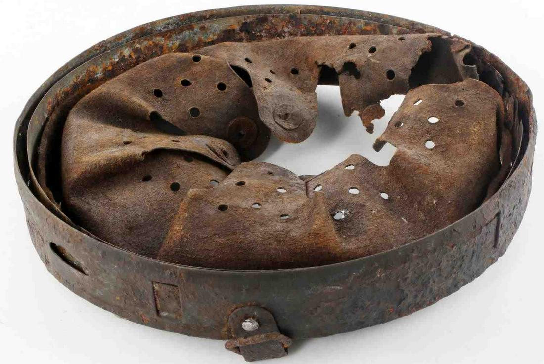 WWII GERMAN THIRD REICH MILITARY HELMET LINER: WWII German Third Reich Military Combat Helmet Liner, measures approx. 7.5 X 8.75 inches. The brown leather liner is stiff and dry. Includes the steel band with the two chin strap assemblies. Very goo