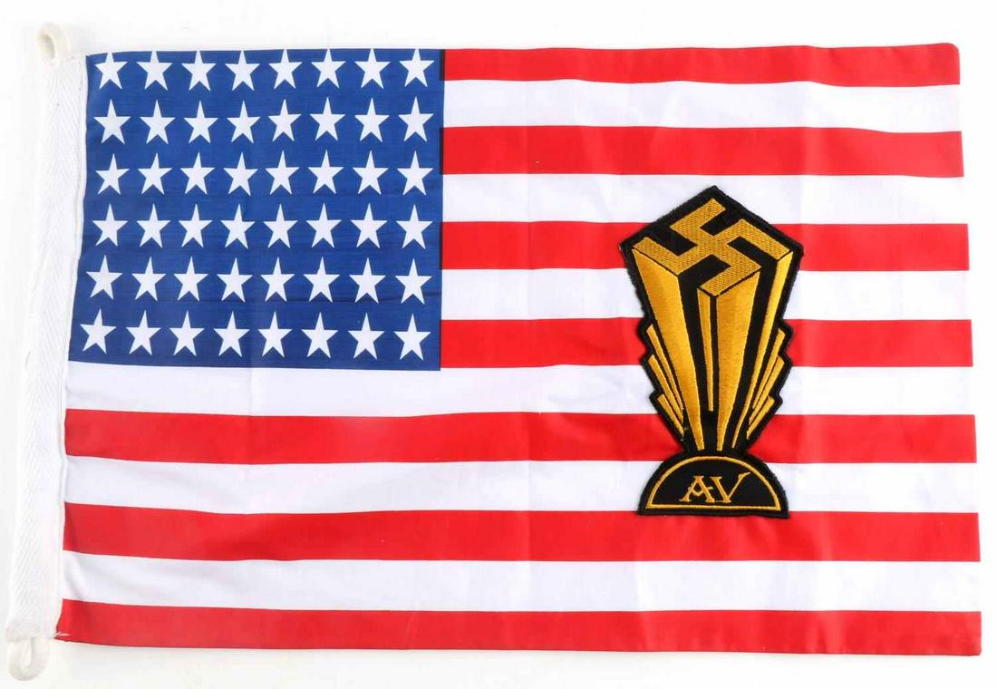 WWII GERMAN US AMERICAN BUND SWASTIKA FLAG: German US American Bund World War II Swastika Banner Flag. Measures 16 3/8" wide by 10 3/8" tall. Shows an American flag with two separate offset swastika patches with ‘AV’ below. Has a white canv