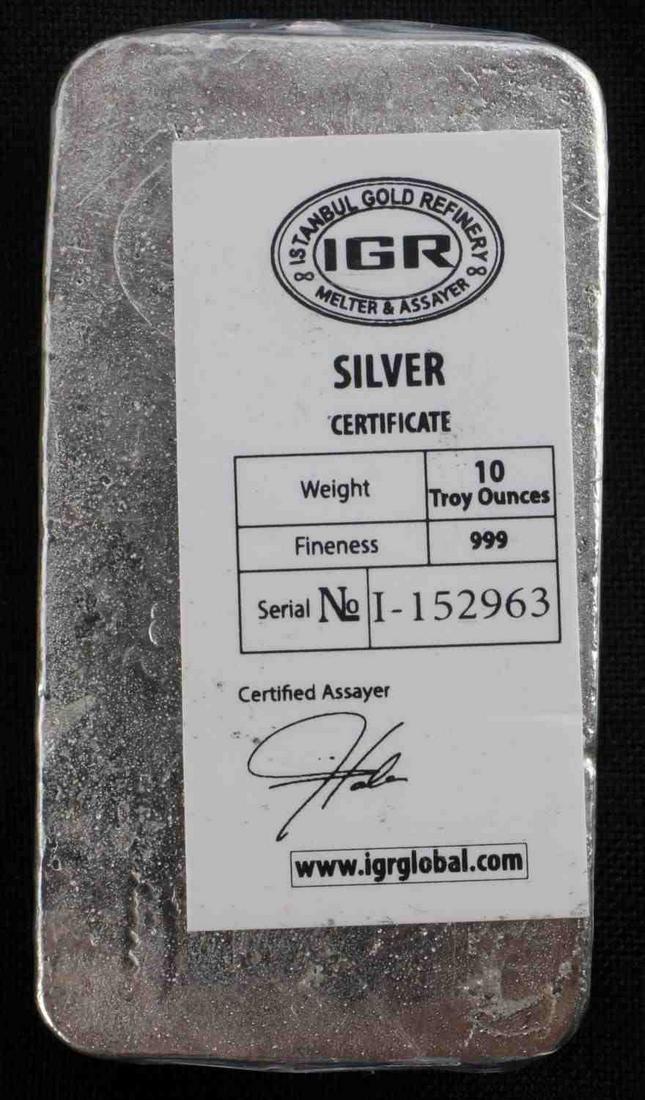 10 OZ TROY OUNCE SILVER BULLION BAR: 10ozt. .999 fine silver bullion bar by IGR refinery, serial number I-152963