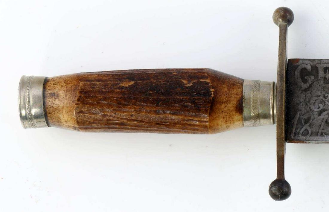 JOHN COE SHEFFIELD GEN G A CUSTER BOWIE KNIFE: Original Coe Sheffield Bowie 14.5 inches overall, Tribute Gen. G.A, Custer 1875, age indeterminate as when added to blade , Federal Eagle stamped scabbard. Unauthenticated sold as is.