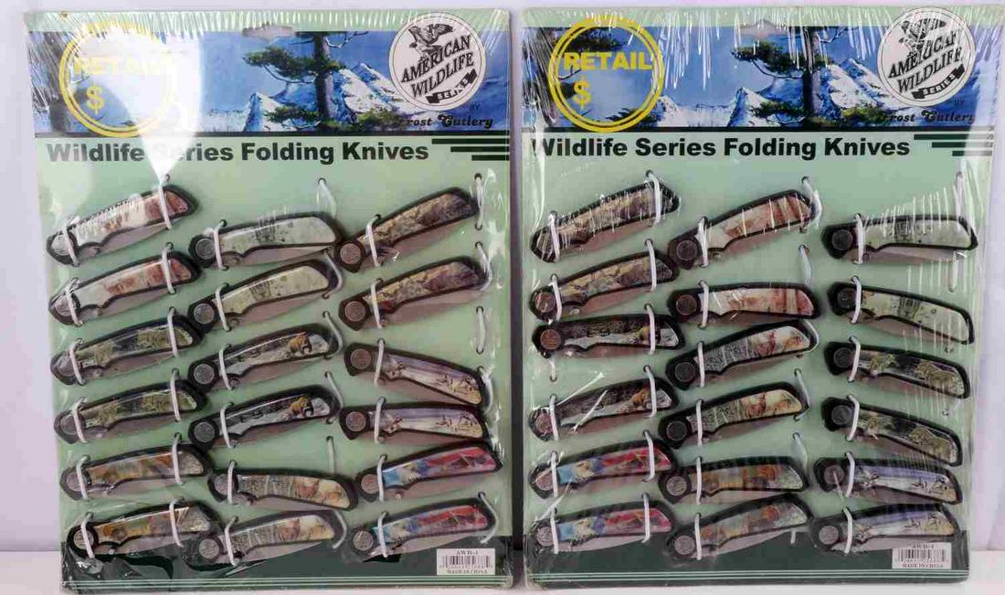 FROST CUTLERY 36 KNIFE DEALER DISPLAY SEALED: Includes 2 18 knife American Wildlife Series, folding knives 3 1/2 inches closed.