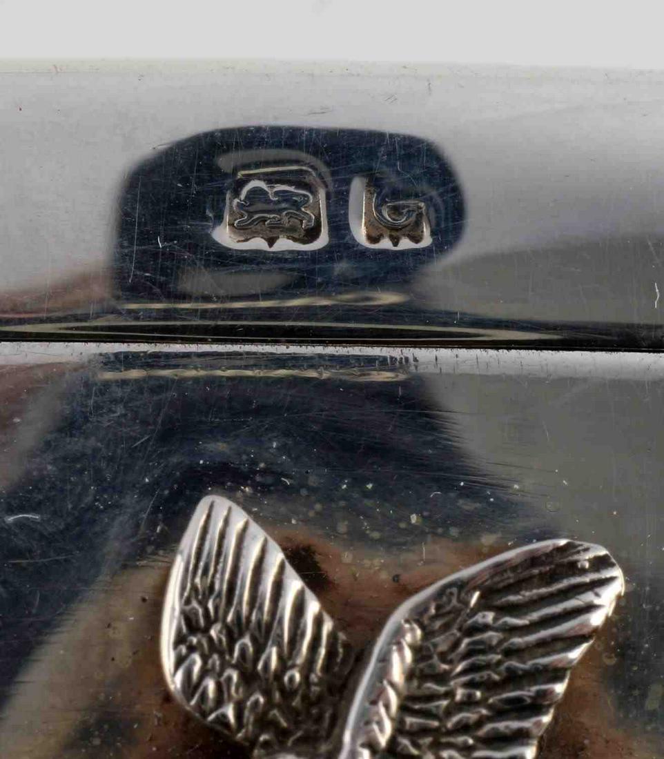 ANTIQUE HALLMARK SILVER SHOOTING CALLING CARD CASE: Birmingham England, 1909 Hallmark silver calling card case, measuring 3 1/2 by 1 1/2 inches, shotgun Pheasant scene on front. Weight 31 grams.