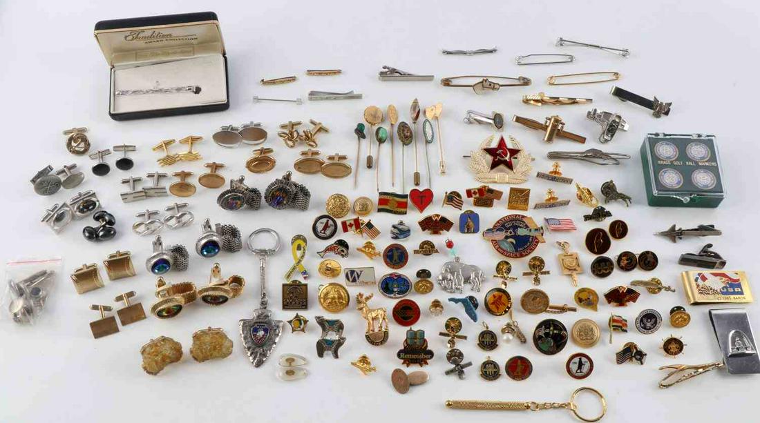 ASSORTED TIE CLIPS PINS AND CUFF LINK LOT: Unsearched tie pins, cuff links tie clips, service pins and golf ball markers.