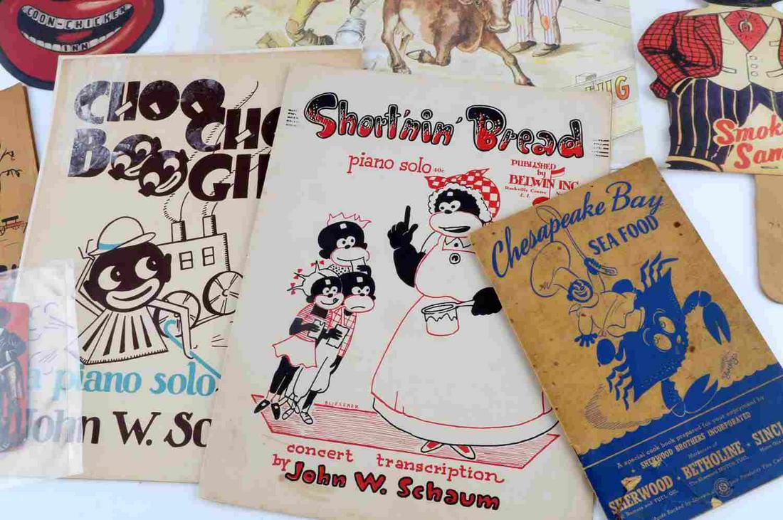 BLACK AMERICANA PAPER LOT MENU MUSIC TOBACCO CARD: Lot includes: Short'nin' Bread concert transcription by John W. Schaum, Chesapeake Bay seafood cookbook, Choo Choo Boogie piano solo by John W. Schaum, Smoke Pedro Cut Plug ad, The Pickaninny menu, Sm