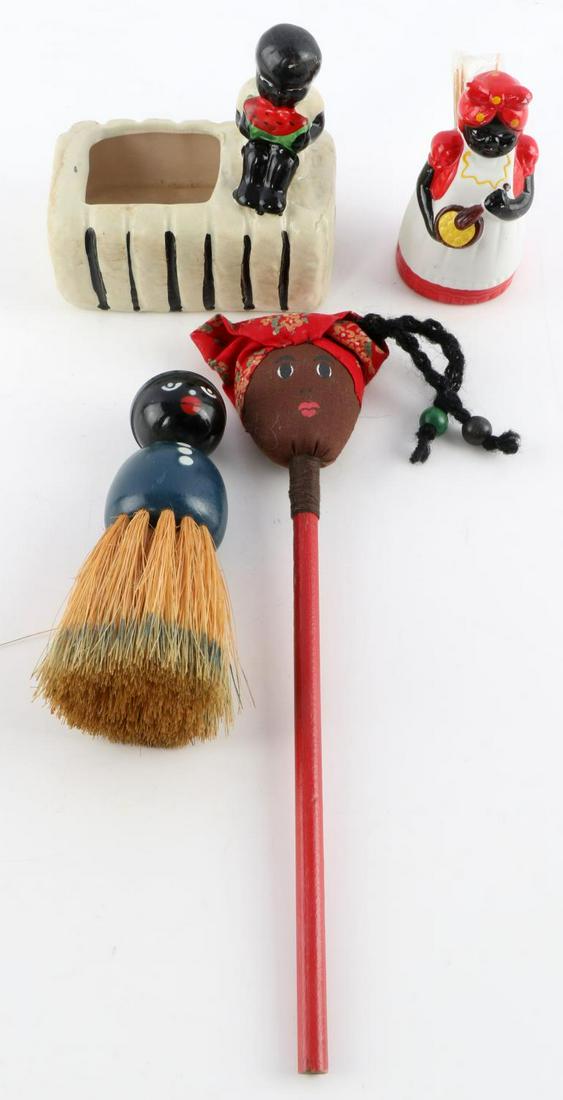 BLACK AMERICANA CERAMIC & MORE MIXED LOT OF 4: Includes: ceramic toothpick holder, shaving brush, ceramic toothpick holder - child with watermelon, and pencil with cloth doll head. Good condition.