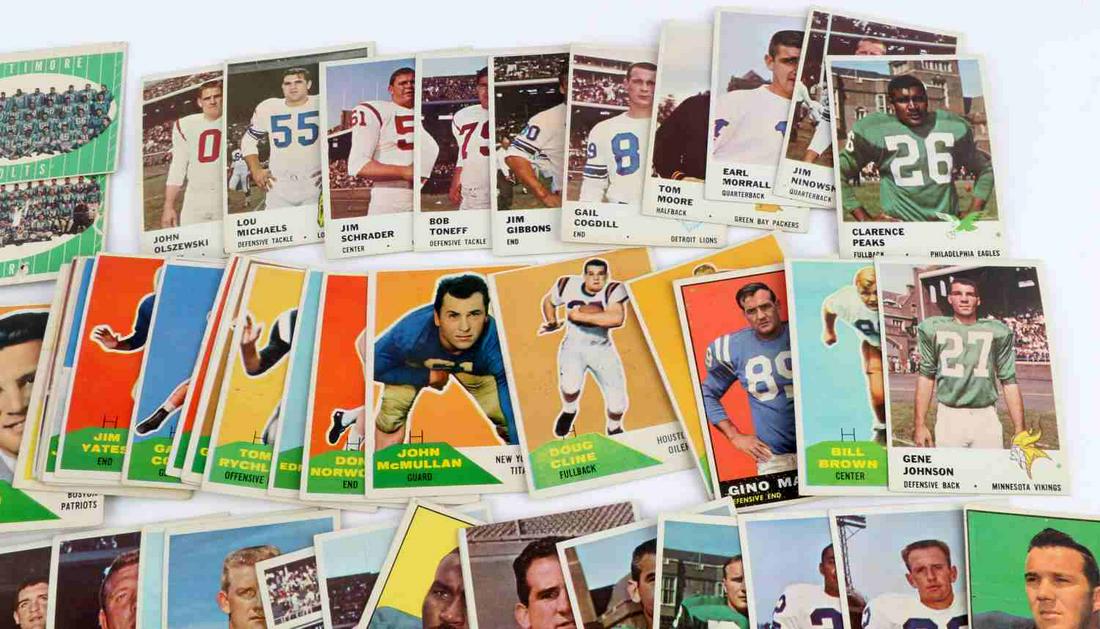 VINTAGE LOT 100 FOOTBALL CARDS 1950S AND 1960S: Some names include: Wally Moon, Bill Kimber, Gino Marchetti, John Johnson, Harvey White, Lou Sleater, Gene Johnson, Clarence Peaks, Earl Morrall, Jim Gibbons, Gene Lipscomb, Carlton Willey, Clyde Conn