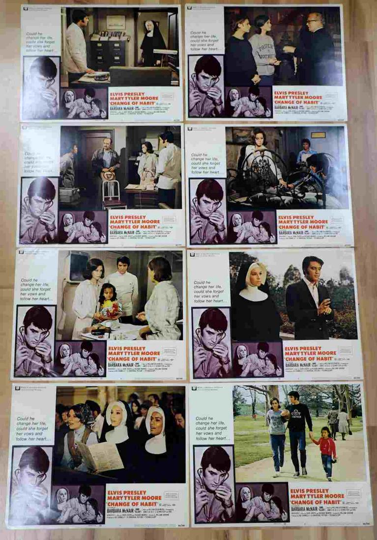 FULL SET VINTAGE ELVIS CHANGE OF HABIT LOBBY CARDS: Rare, vintage complete set of full-color 1969 "CHANGE OF HABIT" original promotional theatrical lobby cards. Featuring Elvis Presley and Mary Tyler Moore. Set of 8. Cards measure 14 X 11 inches each.
