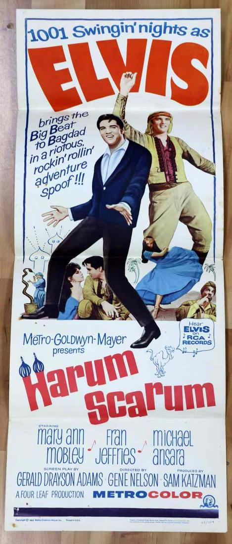 RARE ORIG ELVIS HARUM SCARUM THREE SHEET POSTER: Rare variant of the more popular one-sheet this slightly larger original 1965 "HARUM SCARUM" theatrical poster was printed on noticeably thicker paper for more durability during travel and folding. Co