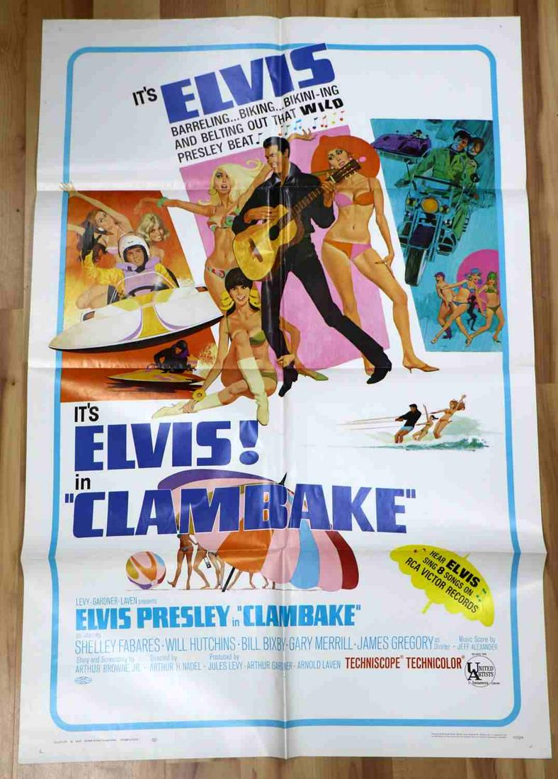 VINTAGE ELVIS CLAMBAKE THEATRICAL ONE SHEET POSTER: Vintage "CLAMBAKE" original 1967 theatrical one-sheet movie poster. Measures approx. 27 X 41 inches. Extremely good condition, especially for age. Stamped on back by studio catalog/inventory number (m