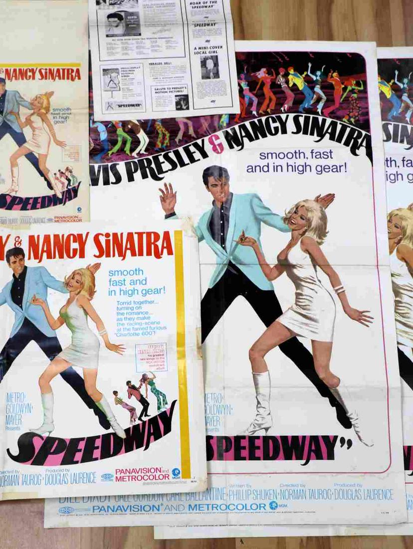 ELVIS NANCY SINATRA SPEEDWAY MOVIE PROMOTIONAL LOT: Large lot of vintage "SPEEDWAY" theatrical promo/marketing material includes: two (2) original 27X41 inch 1968 theatrical one-sheet movie posters (both the same), one (1) rare MGM press book (several 