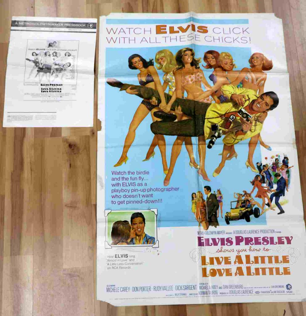 VINTAGE ELVIS LIVE A LITTLE THEATRICAL ONE SHEET: Original 27X41 inch theatrical one-sheet promotional poster for the 1968 musical romantic comedy, LIVE A LITTLE LOVE A LITTLE starring Elvis Presley. Also includes one (1) rare MGM press book (part). 