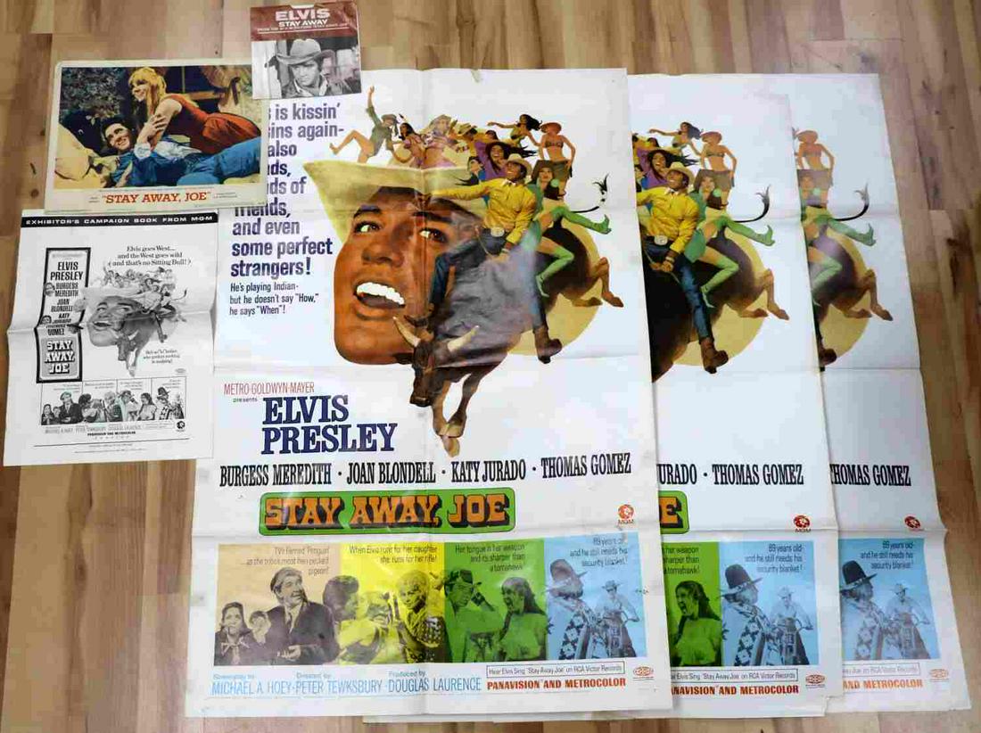 VINTAGE ELVIS STAY AWAY JOE THEATRICAL PROMOS: Large lot of vintage "STAY AWAY, JOE" theatrical promo/marketing material includes: three (3) original 27X41 inch 1968 theatrical one-sheet movie posters (all identical), one (1) rare MGM press book, 